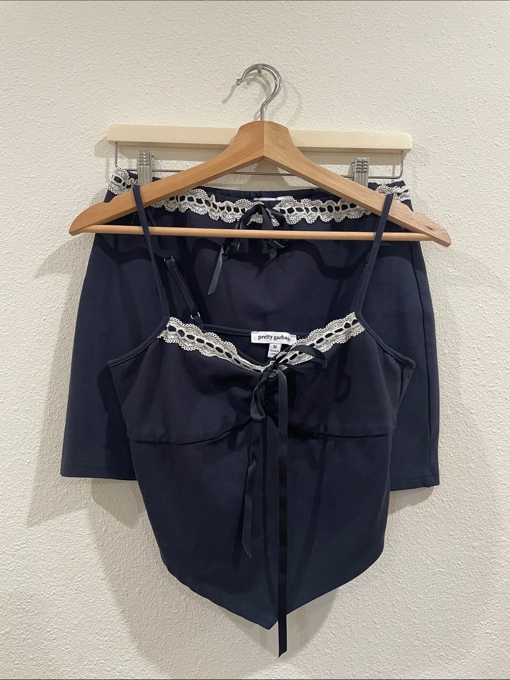 Pretty Garbage Lace Trim Cami and Skirt Matching Set Navy Blue Bows Romantic M